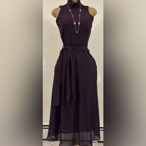 Sara Campbell Purple Plum Sheer Dress Tie In Front Turtleneck Zip On Side  Sz 6.